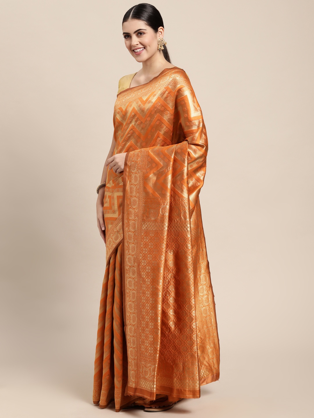 

Saree Swarg Orange & Golden Silk Blend Banarasi Sarees