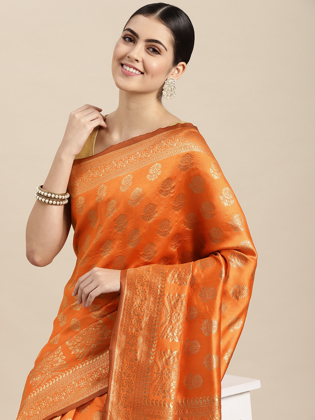 

Saree Swarg Orange Woven Design Silk Blend Banarasi Sarees