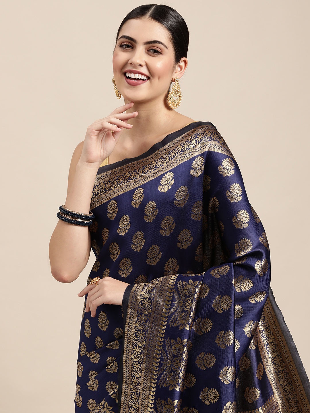 

Saree Swarg Navy Blue & Golden Ethnic Motifs Silk Blend Banarasi Sarees