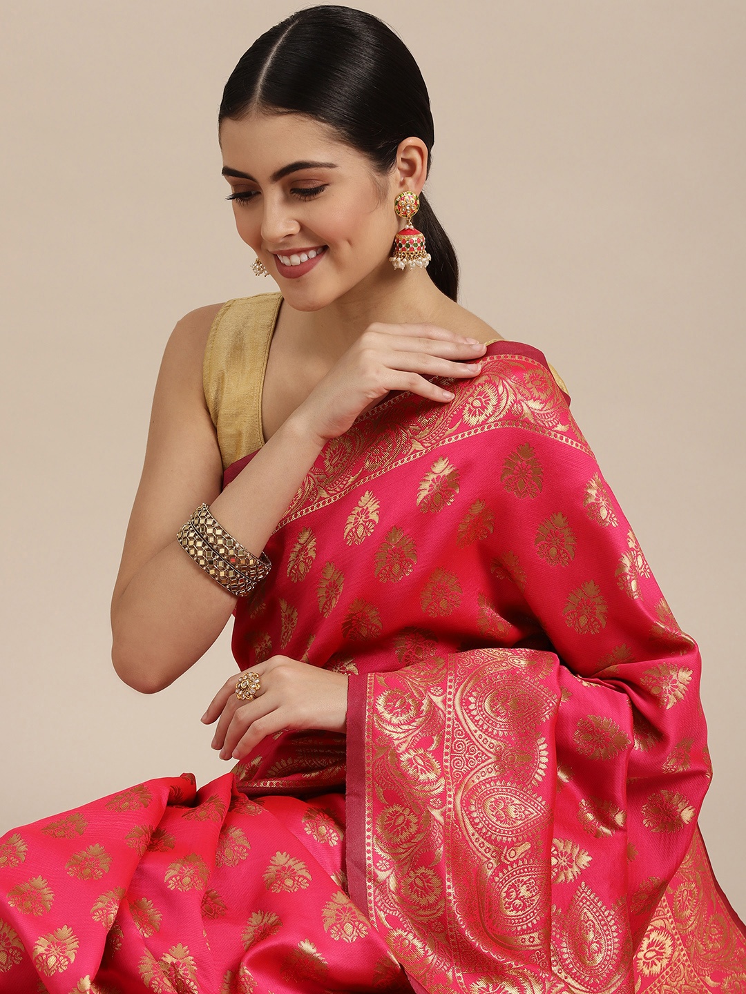 

Saree Swarg Pink Woven Design Silk Blend Banarasi Sarees