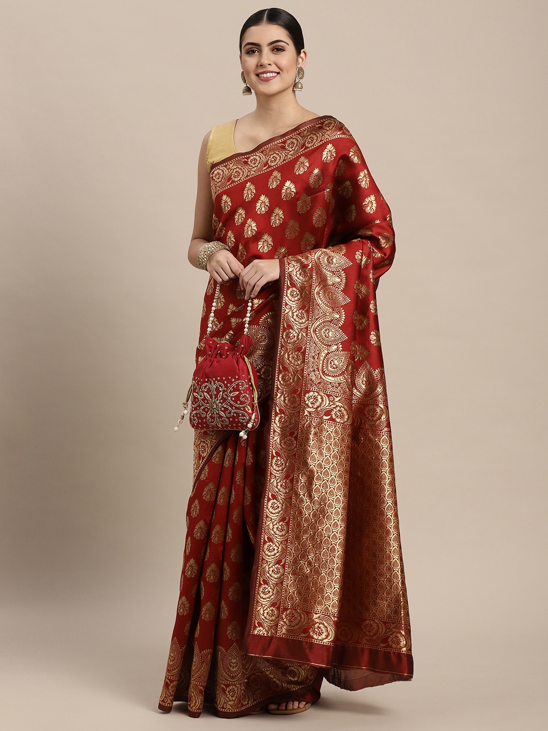 

Saree Swarg Maroon Woven Design Silk Blend Banarasi Sarees