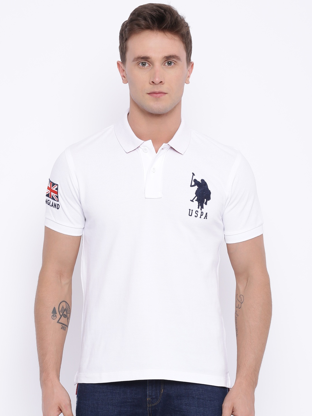 

U.S. Polo Assn. Men White Solid Polo Pure Cotton T-shirt