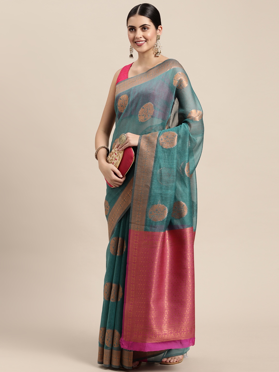 

Saree Swarg Blue & Pink Woven Design Silk Blend Banarasi Saree with Blouse