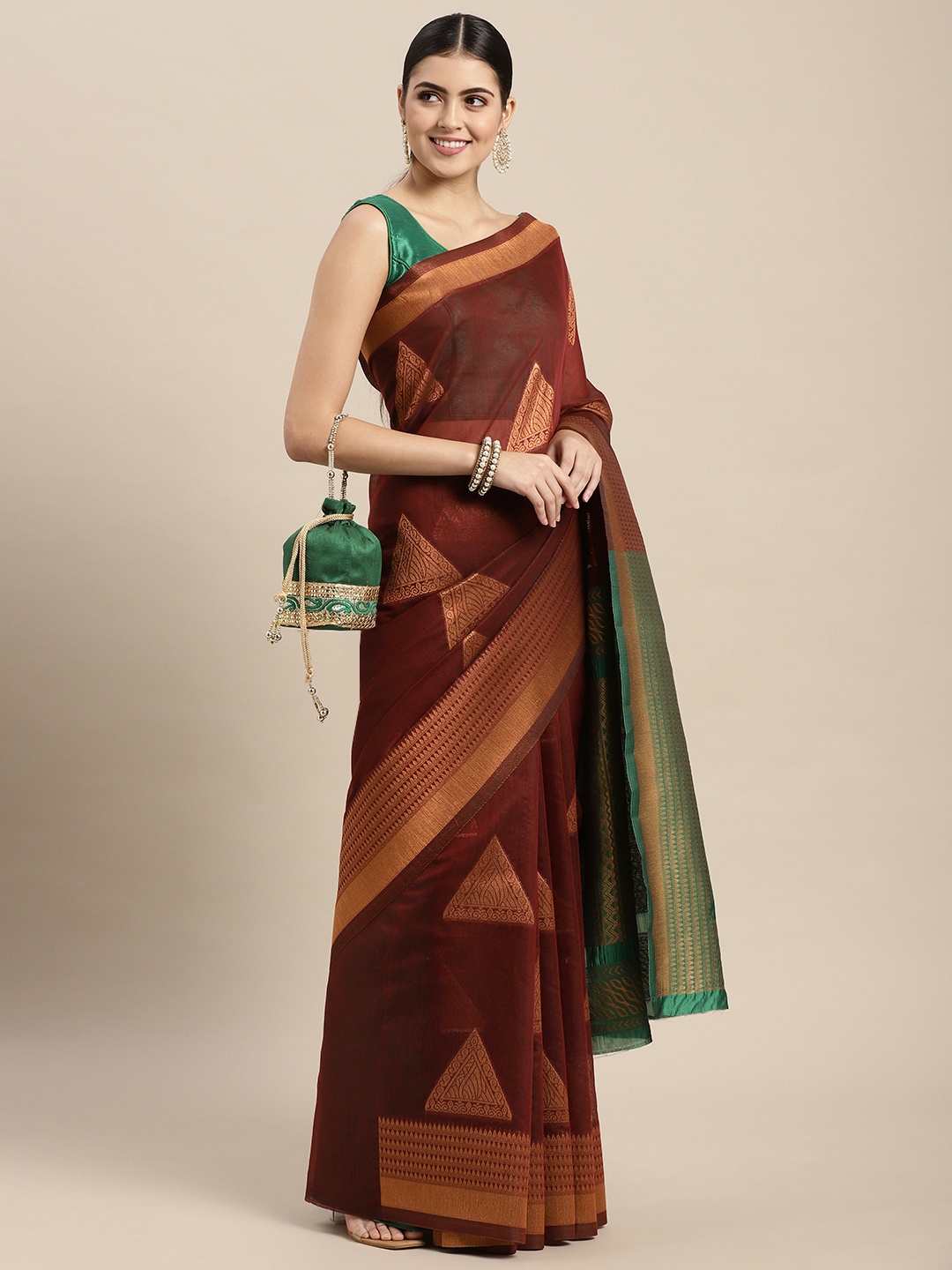 

Saree Swarg Burgundy & Green Woven Design Silk Blend Banarasi Sarees