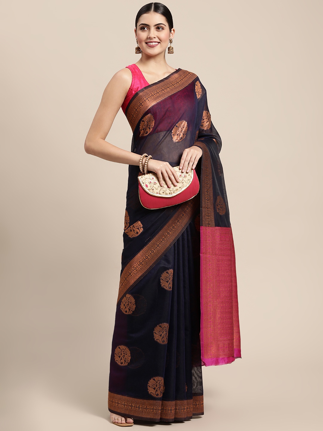 

Saree Swarg Navy Blue & Pink Ethnic Motifs Silk Blend Banarasi Sarees