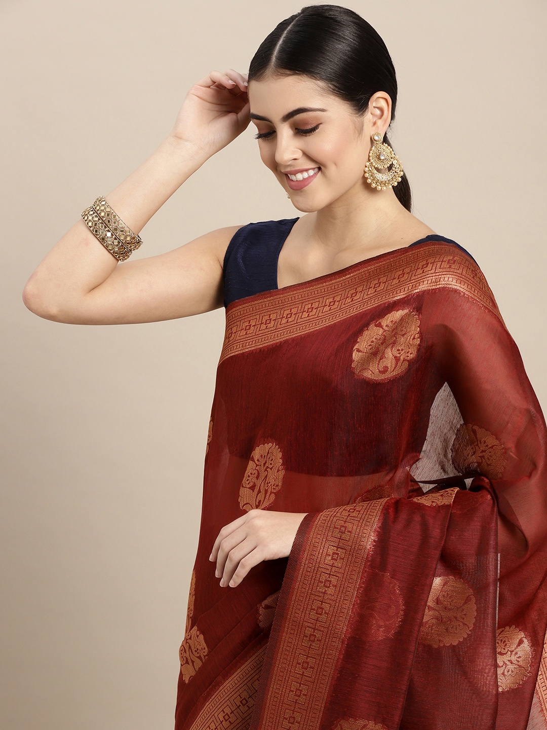 

Saree Swarg Maroon & Navy Blue Woven Design Silk Blend Banarasi Sarees