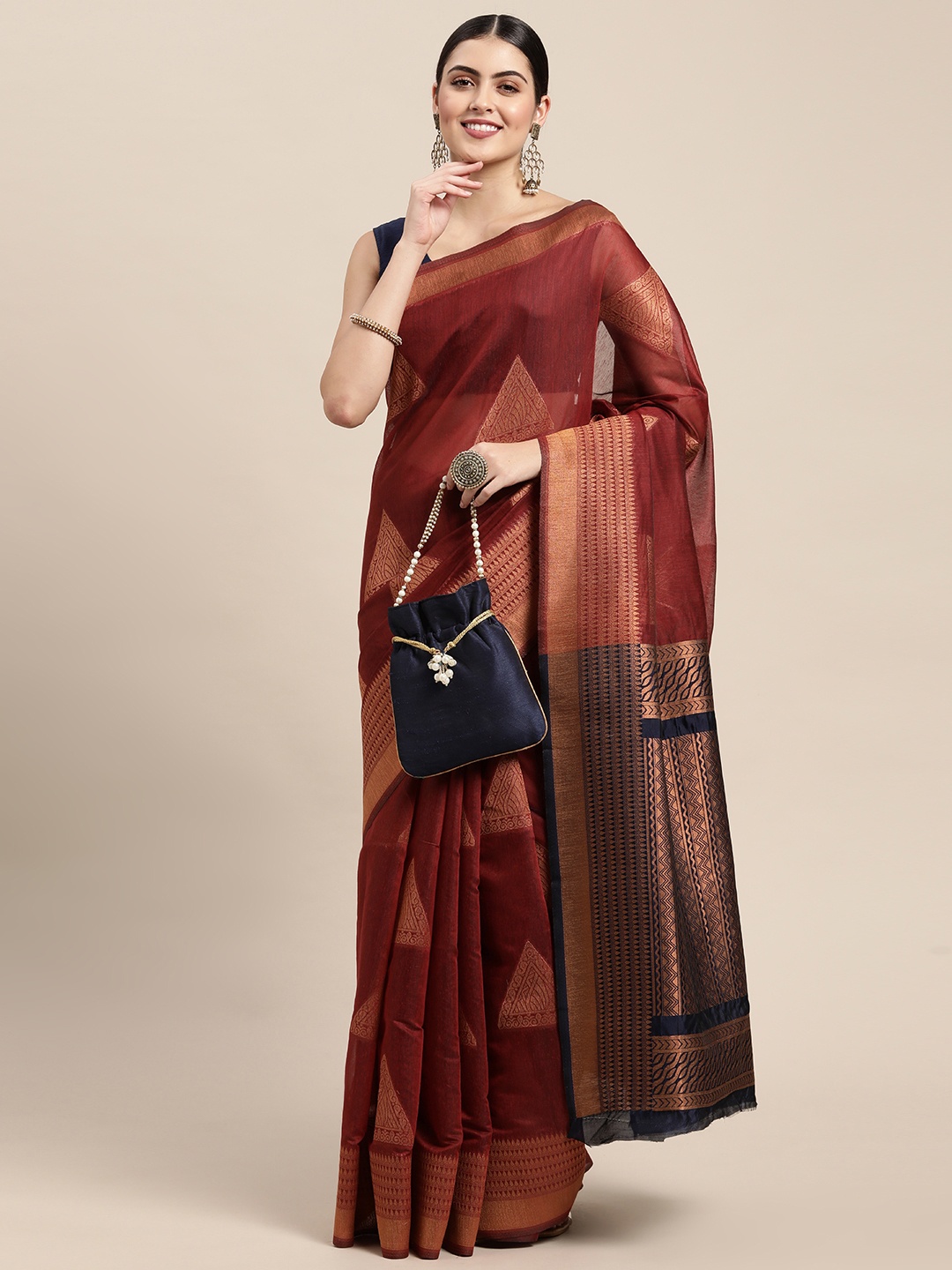 

Saree Swarg Maroon & Navy Blue Woven Design Silk Blend Banarasi Saree with Blouse