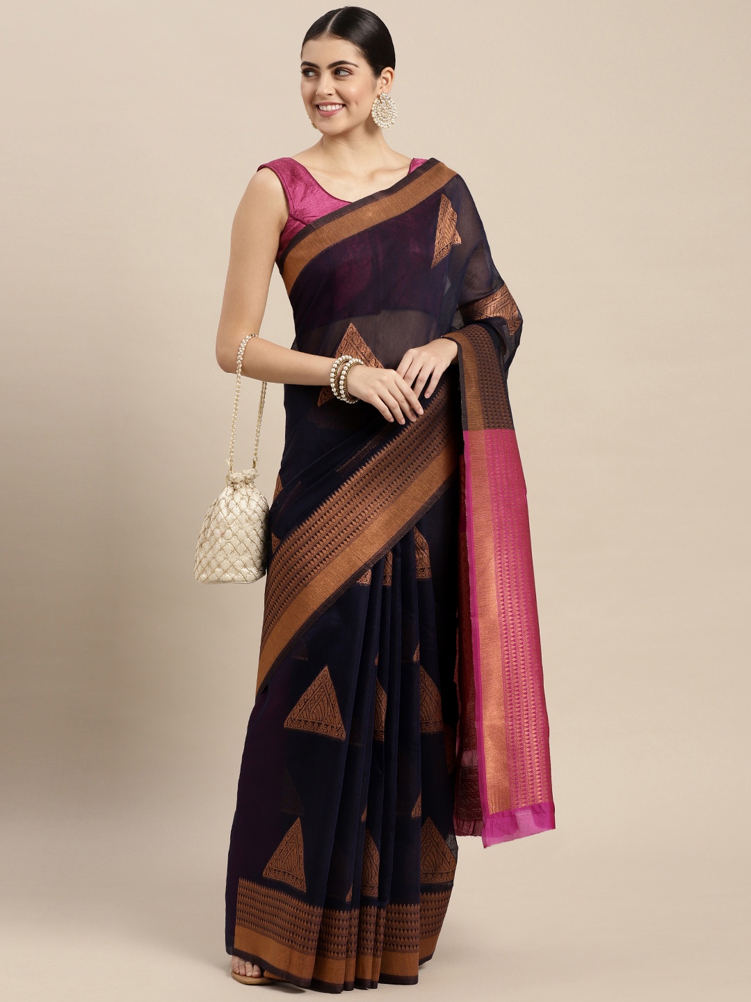 

Saree Swarg Navy Blue & Magenta Woven Design Silk Blend Banarasi Sarees