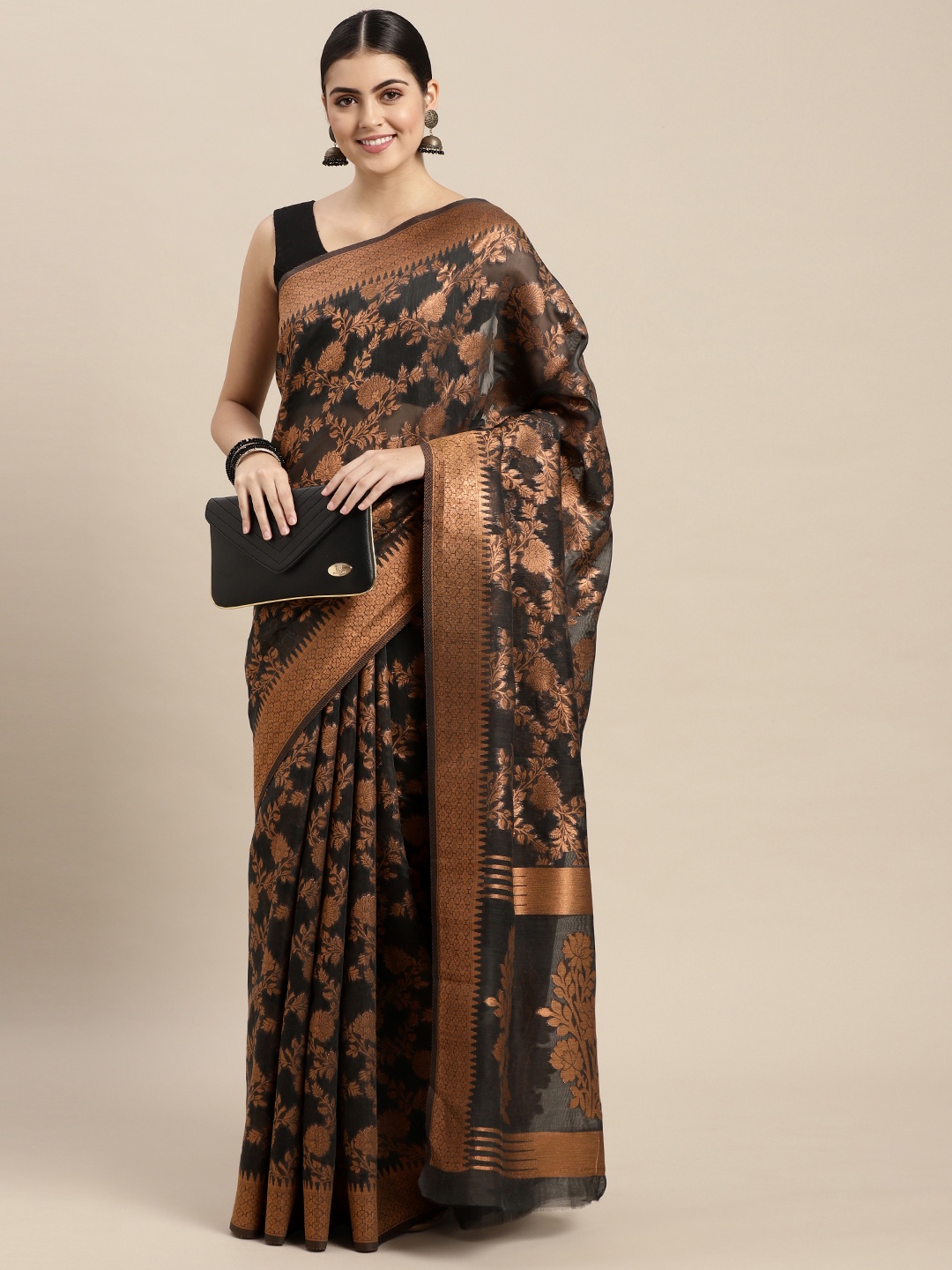 

Saree Swarg Black & Bronze-Toned Woven Design Silk Blend Banarasi Sarees