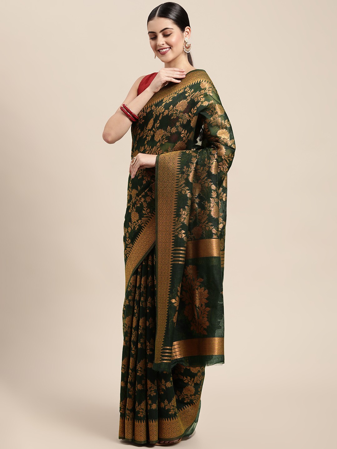 

Saree Swarg Green & Bronze Ethnic Motifs Silk Blend Banarasi Sarees