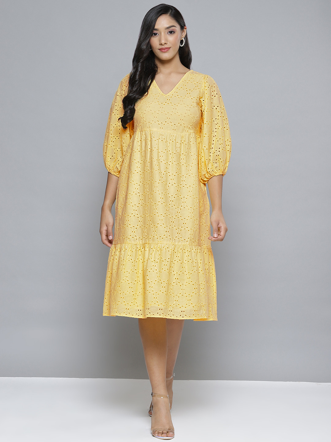 

Femella Yellow Embroidered A-Line Cotton Midi Dress