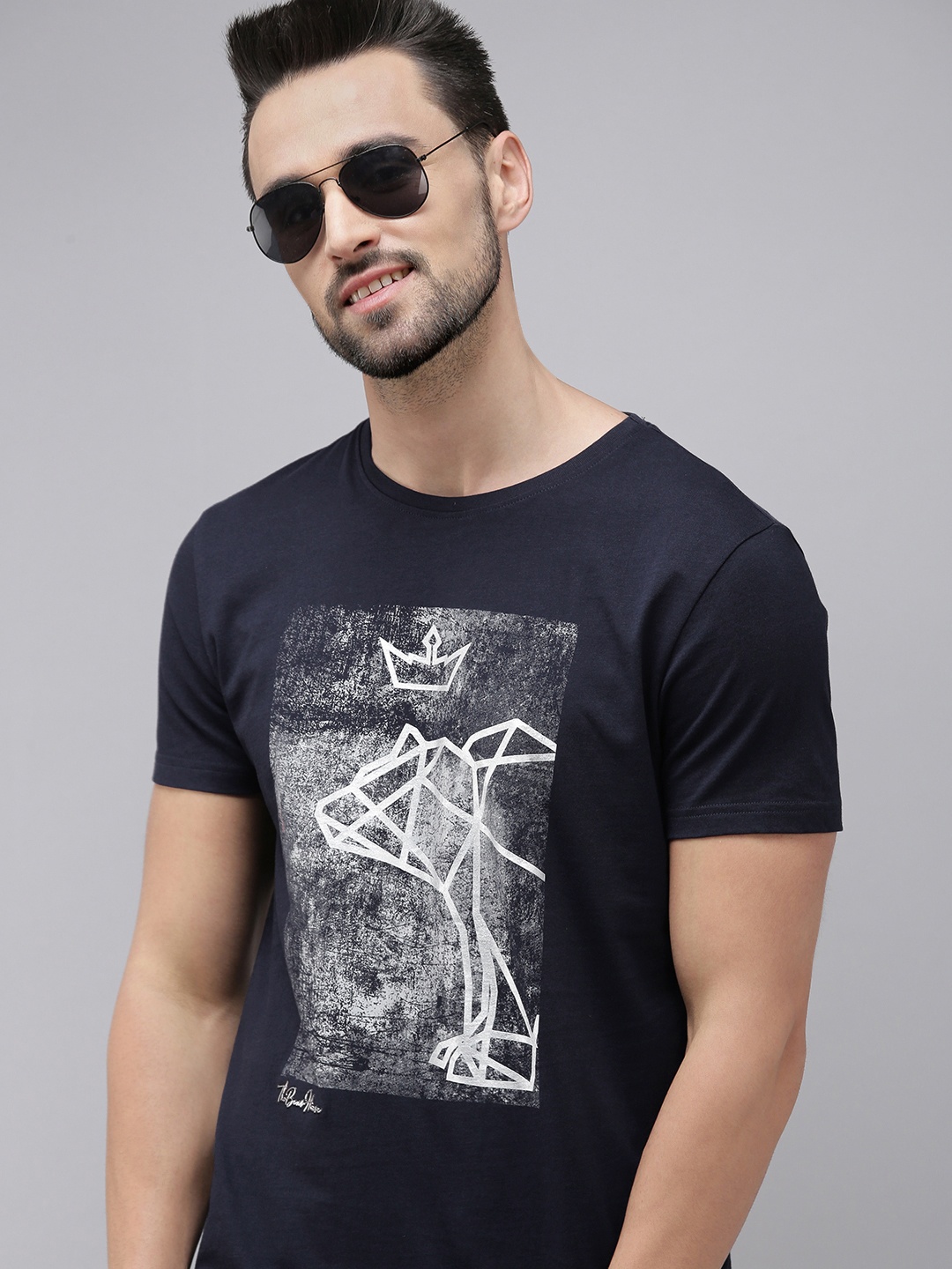 

THE BEAR HOUSE Men Navy Blue & White Printed Pure Cotton T-shirt