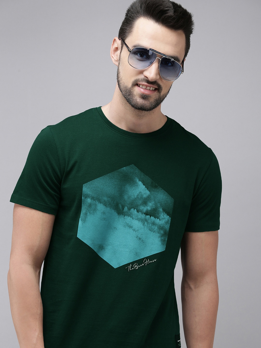 

THE BEAR HOUSE Men Green & Blue Printed Pure Cotton T-shirt