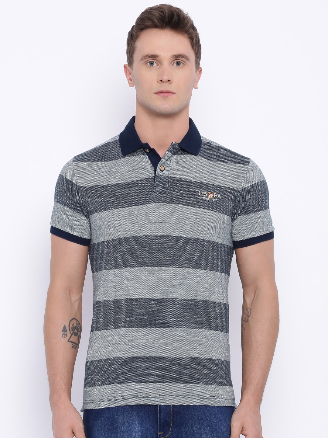 

U.S. Polo Assn. Men Navy Grey Striped Polo Pure Cotton T-shirt, Navy blue