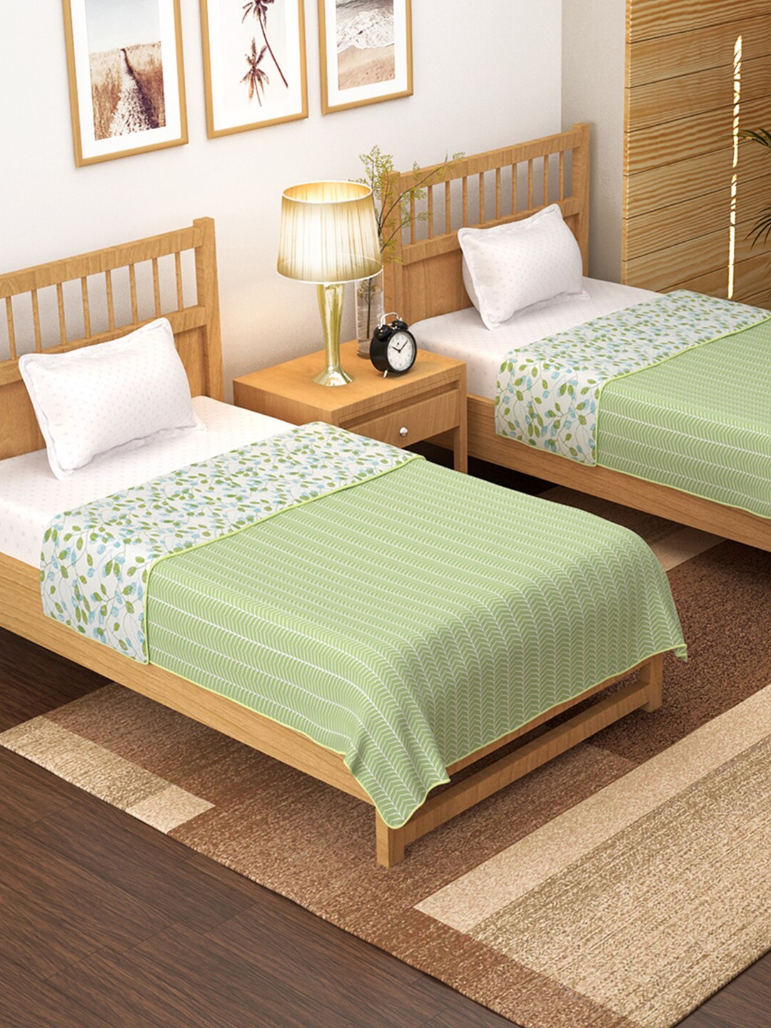 

Story@home White & Olive Green Set of 2 Geometric AC Room 150 GSM Single Bed Dohar