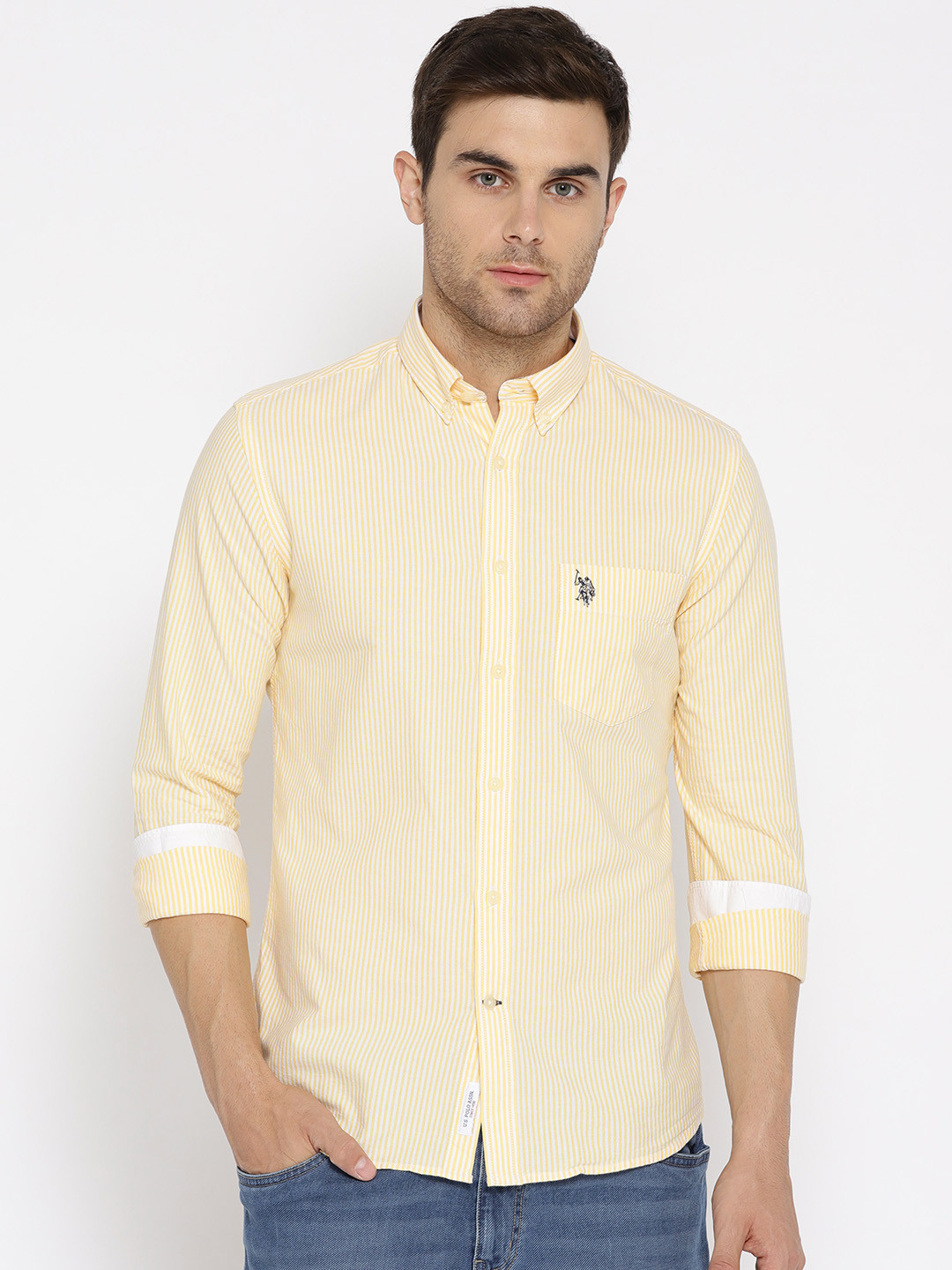 

U.S. Polo Assn. Men Yellow & White Tailored Fit Striped Casual Shirt