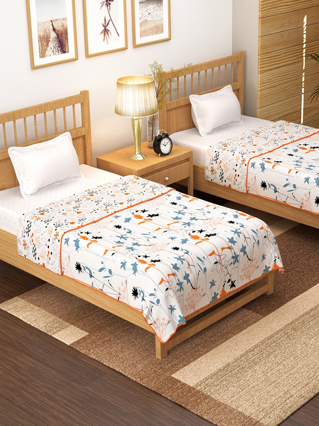 

Story@home White & Orange Set of 2 Floral AC Room 150 GSM Single Bed Dohar