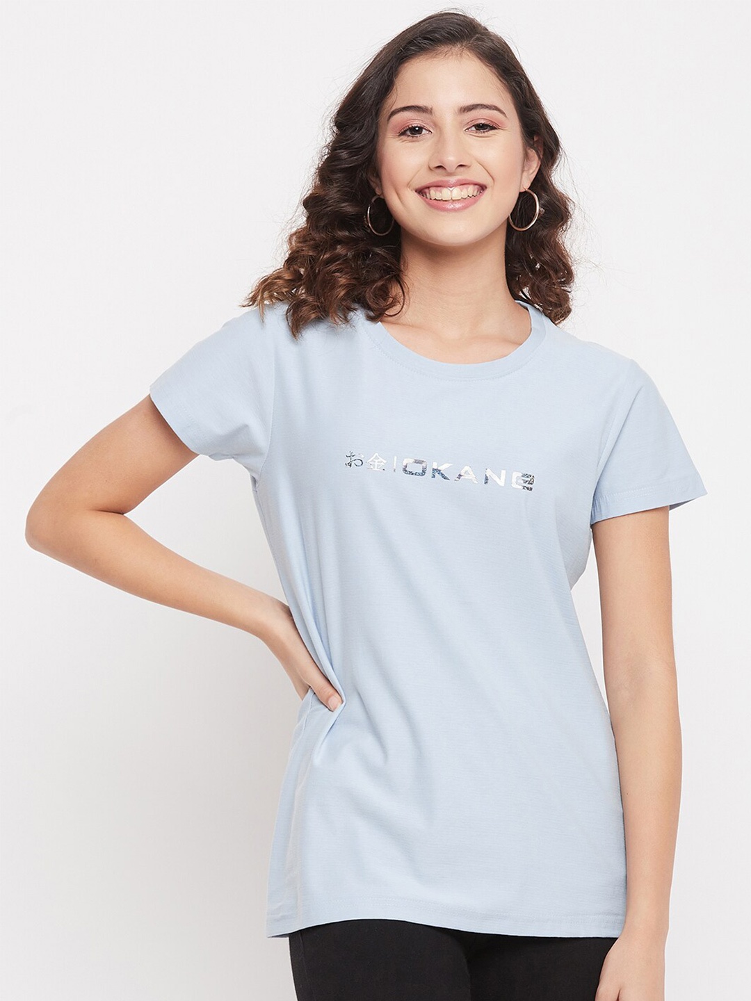 

Okane Women Blue Typography Print T-shirt