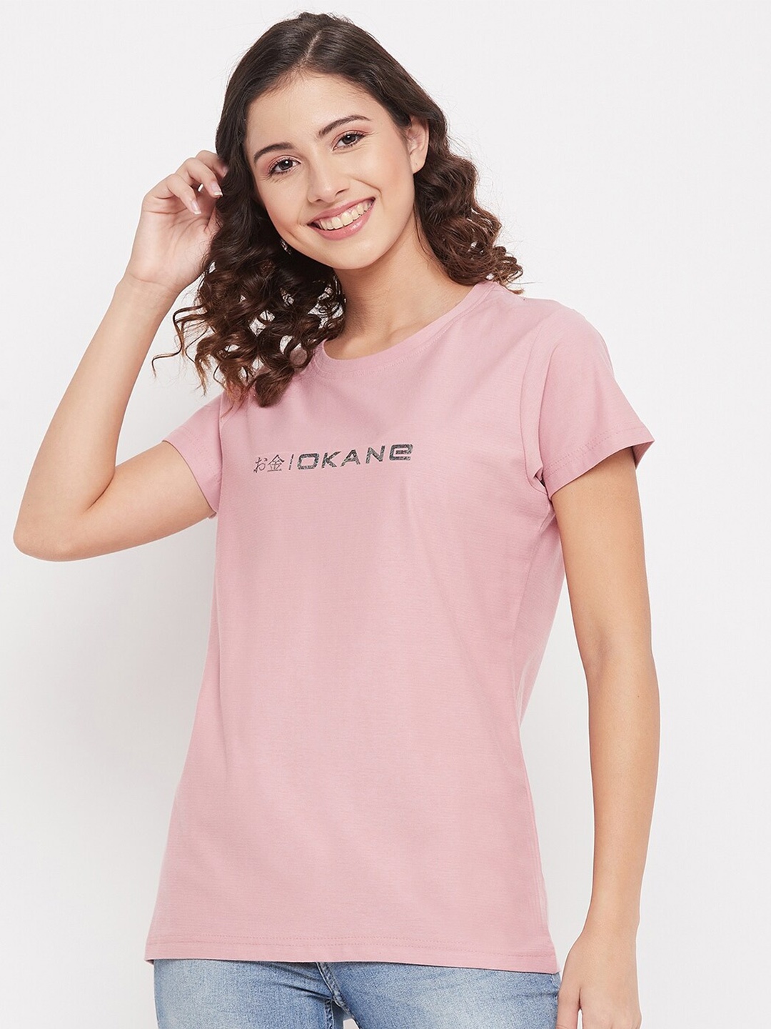 

Okane Women Pink Typography Applique T-shirt