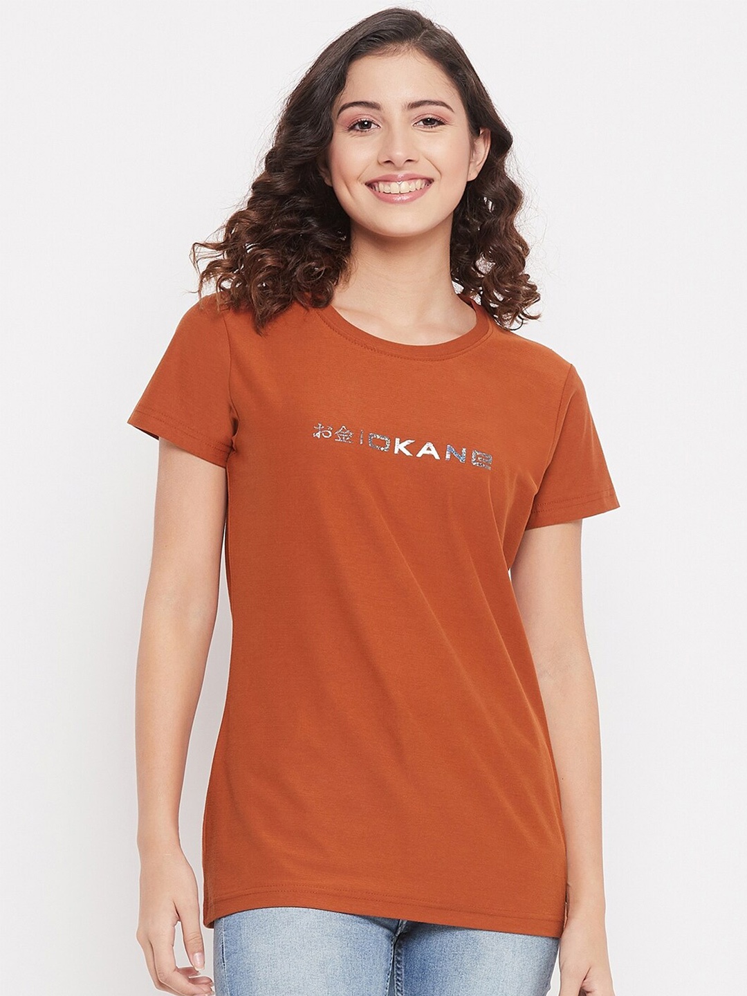 

Okane Women Rust Red Typography Printed T-shirt