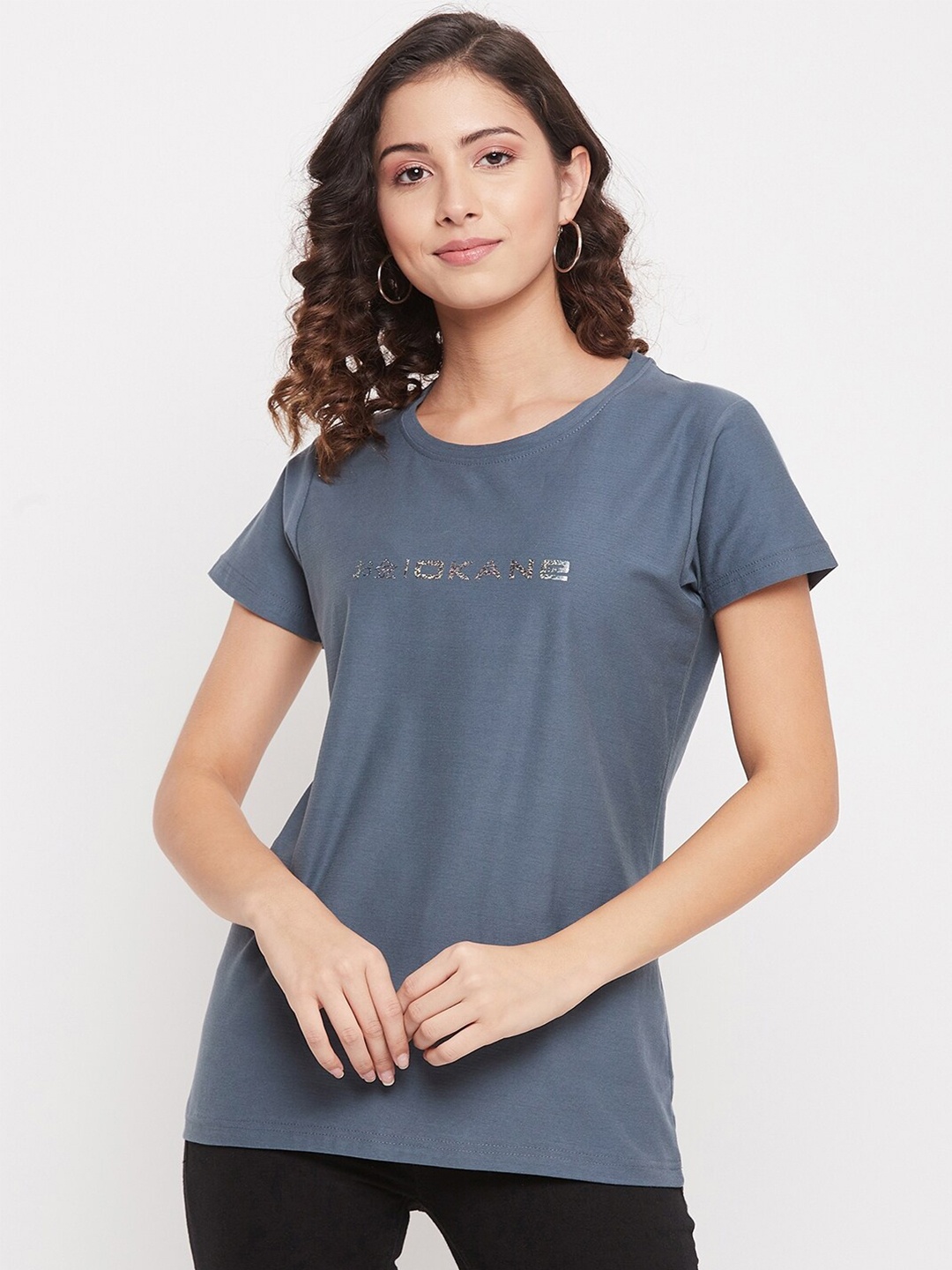 

Okane Women Blue Typography Applique T-shirt