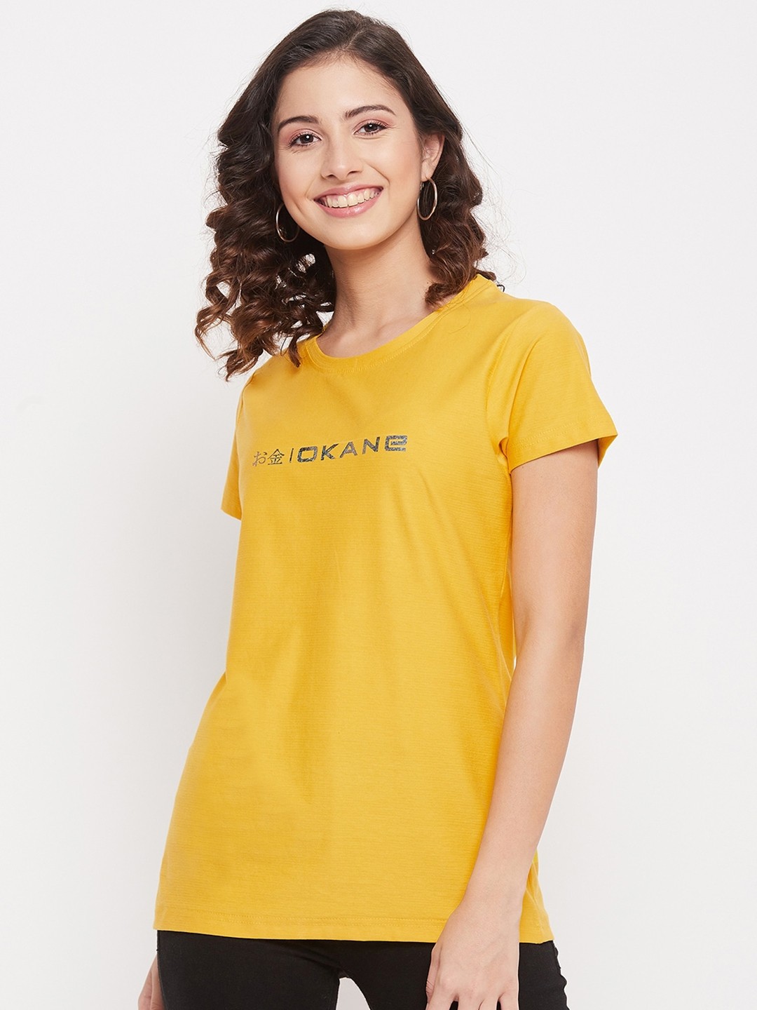 

Okane Women Yellow Typography Printed T-shirt