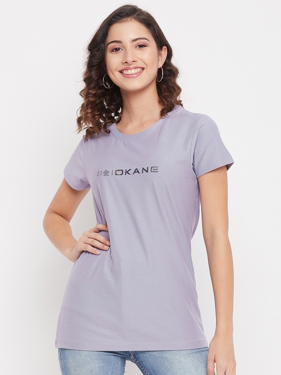 

Okane Women Purple Typography Printed Applique T-shirt