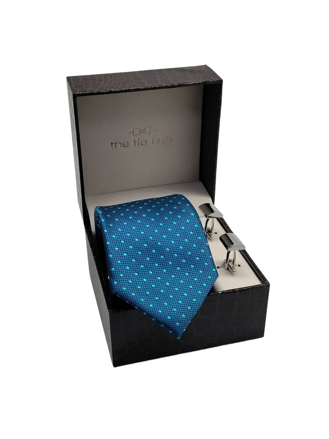 

The Tie Hub Men Teal Printed Broad Tie and Cufflinks