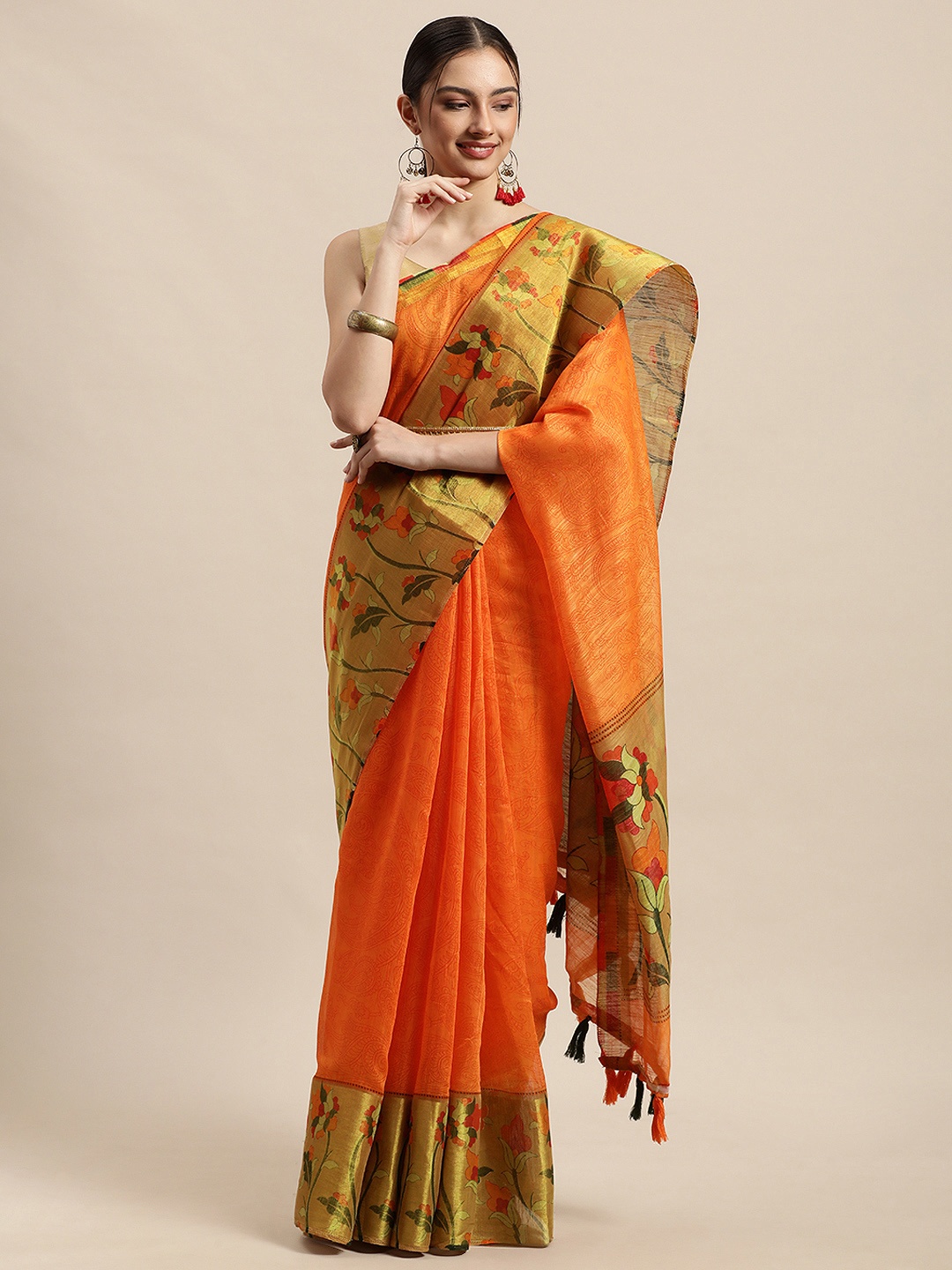 

Triveni Orange & Yellow Ethnic Motifs Zari Pure Cotton Saree