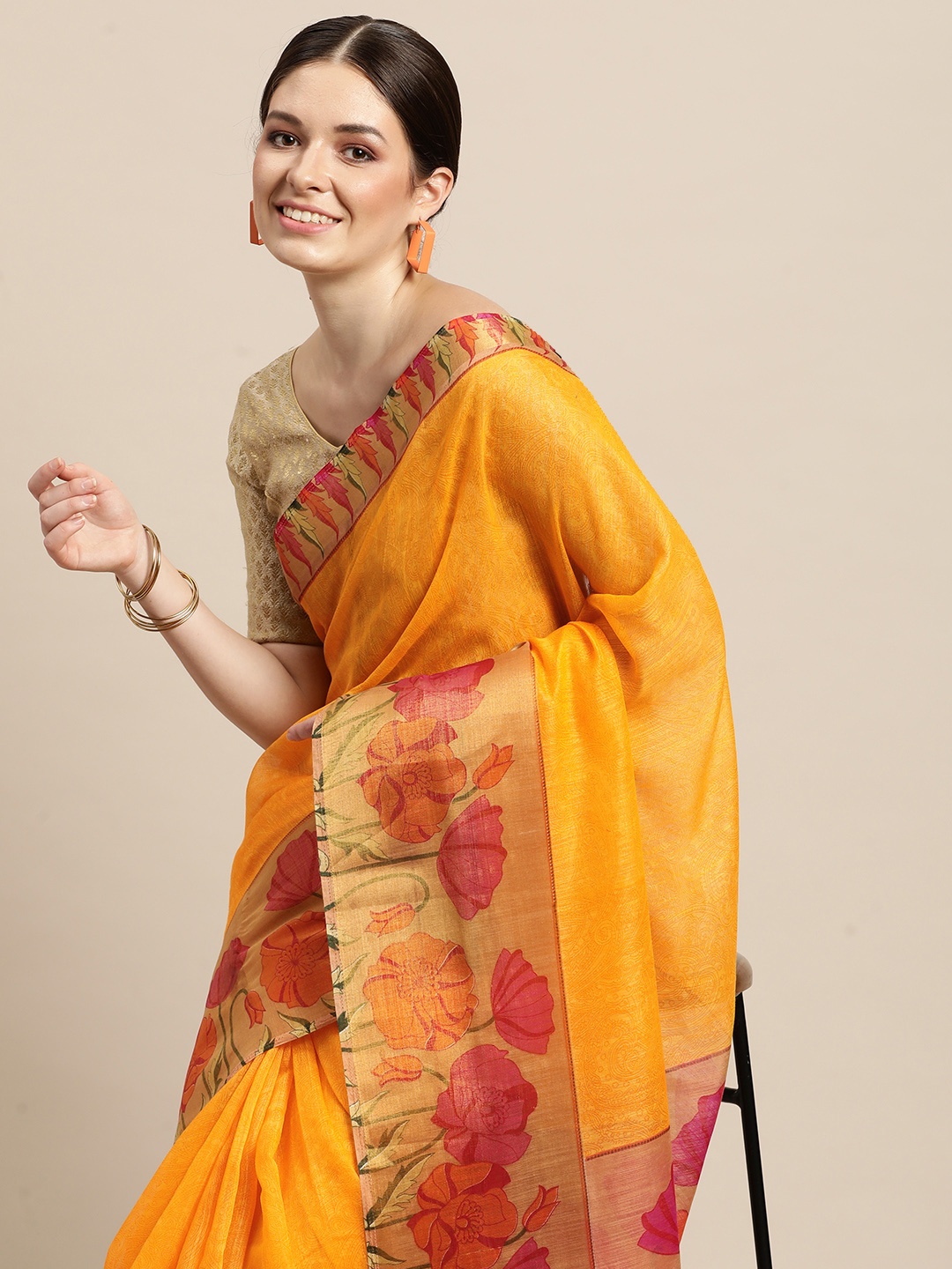 

Triveni Mustard Yellow Ethnic Motifs Printed Zari Pure Cotton Saree