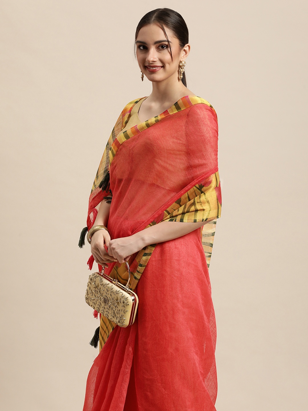 

Triveni Orange & Mustard Yellow Ethnic Motifs Print Cotton Celebrity Saree