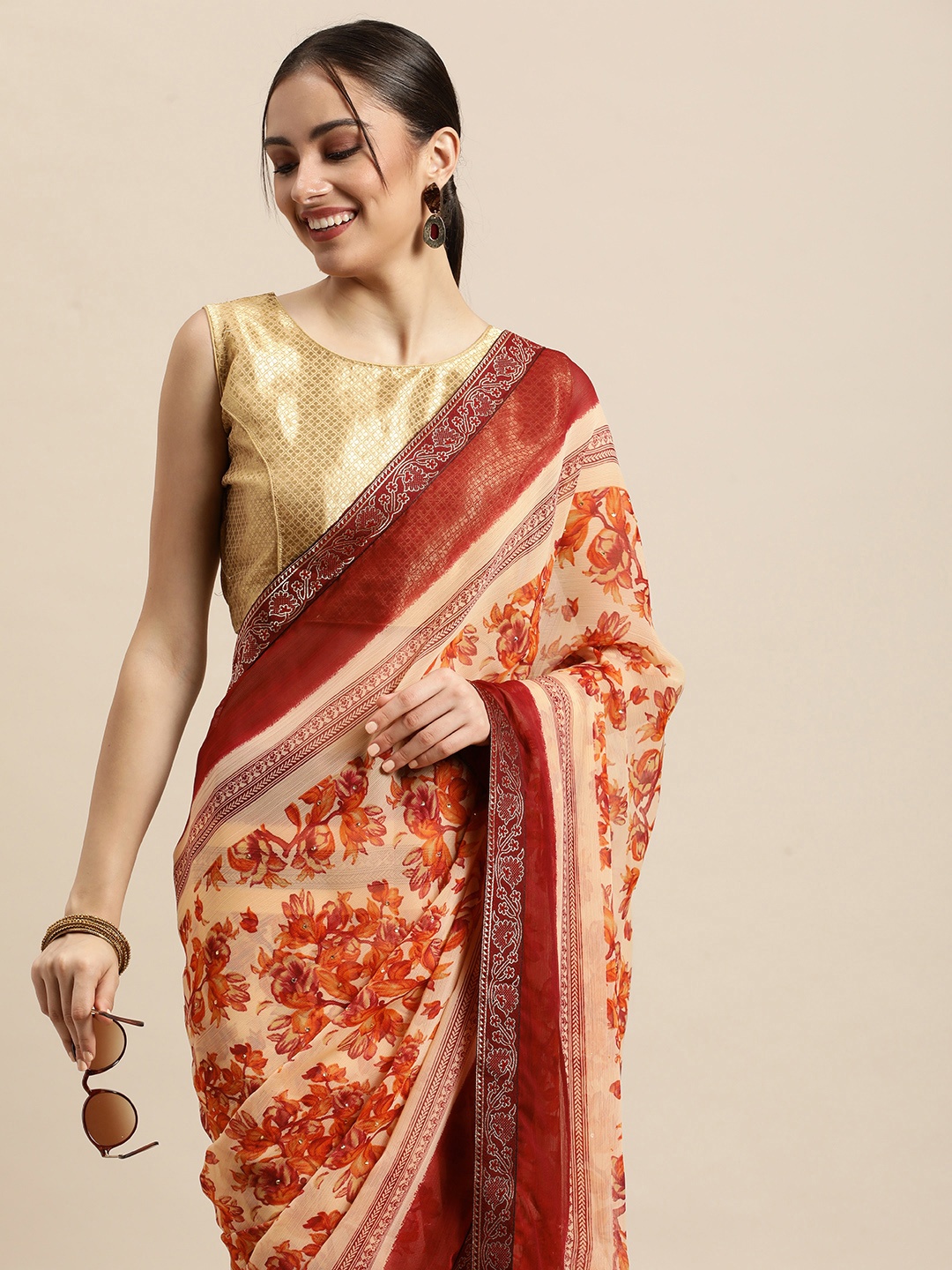 

Triveni Beige & Maroon Floral Printed Beads and Stones Pure Chiffon Saree