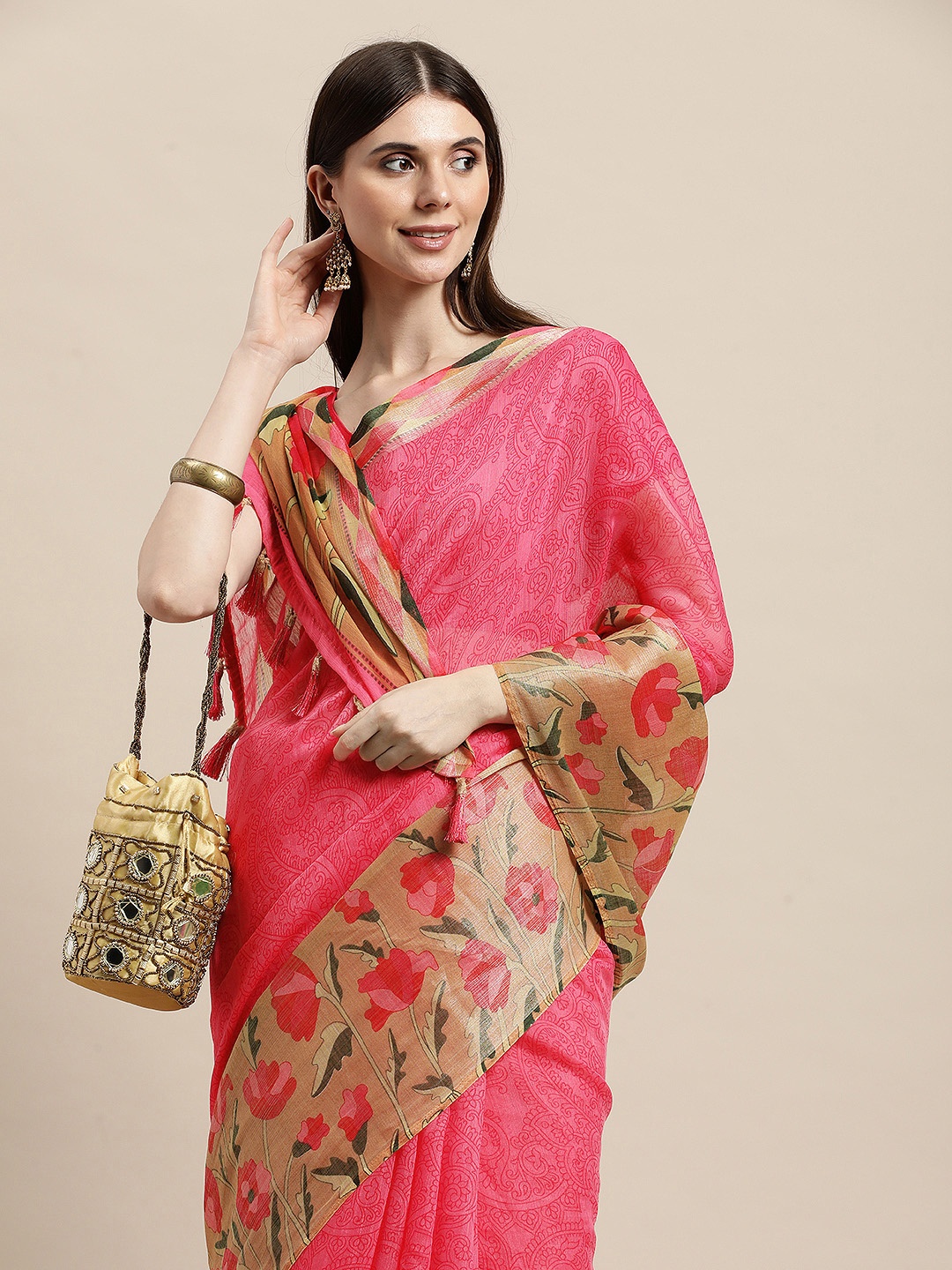 

Triveni Pink Ethnic Motifs Zari Pure Cotton Saree