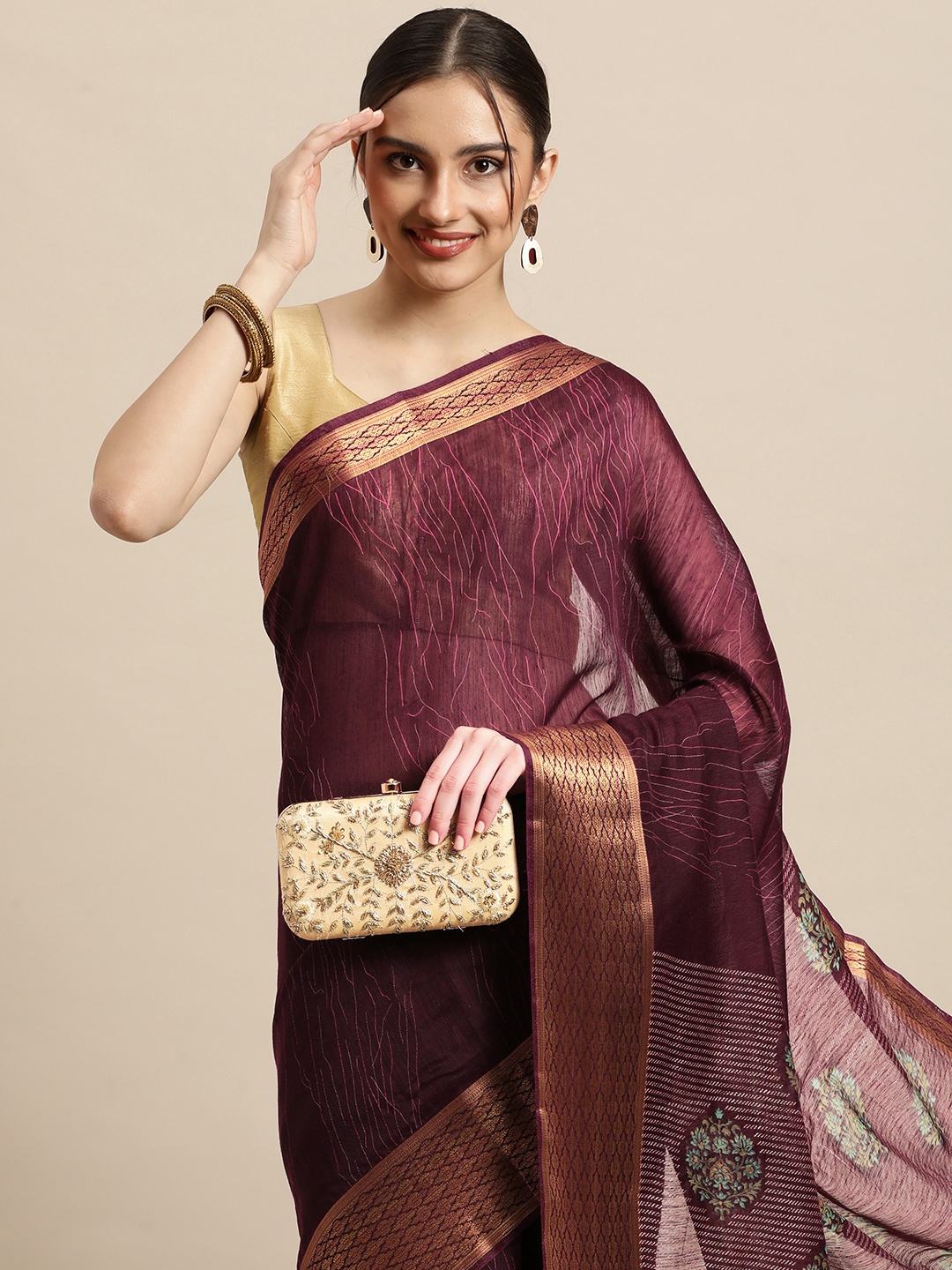 

Triveni Burgundy Ethnic Motifs Printed Pure Cotton Saree