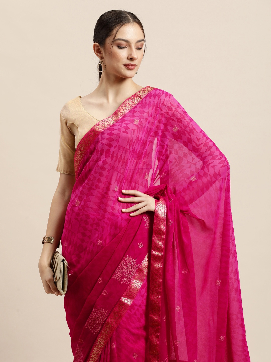 

Triveni Pink Zari Pure Georgette Saree