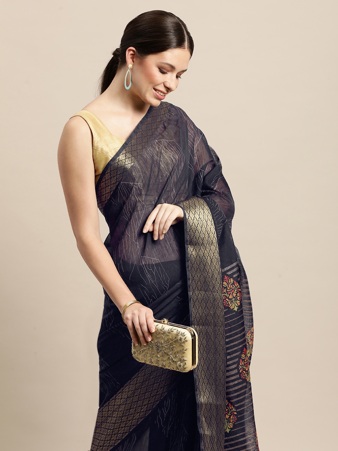 

Triveni Navy Blue Ethnic Motifs Printed Pure Cotton Saree