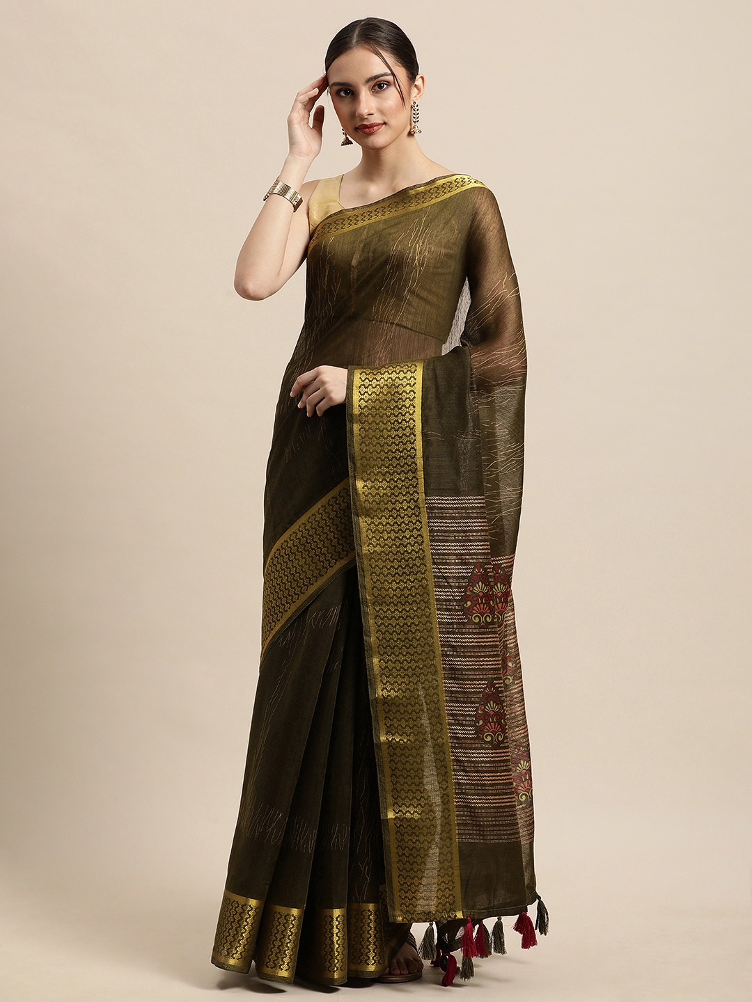 

Triveni Olive Green Ethnic Motifs Printed Pure Cotton Saree