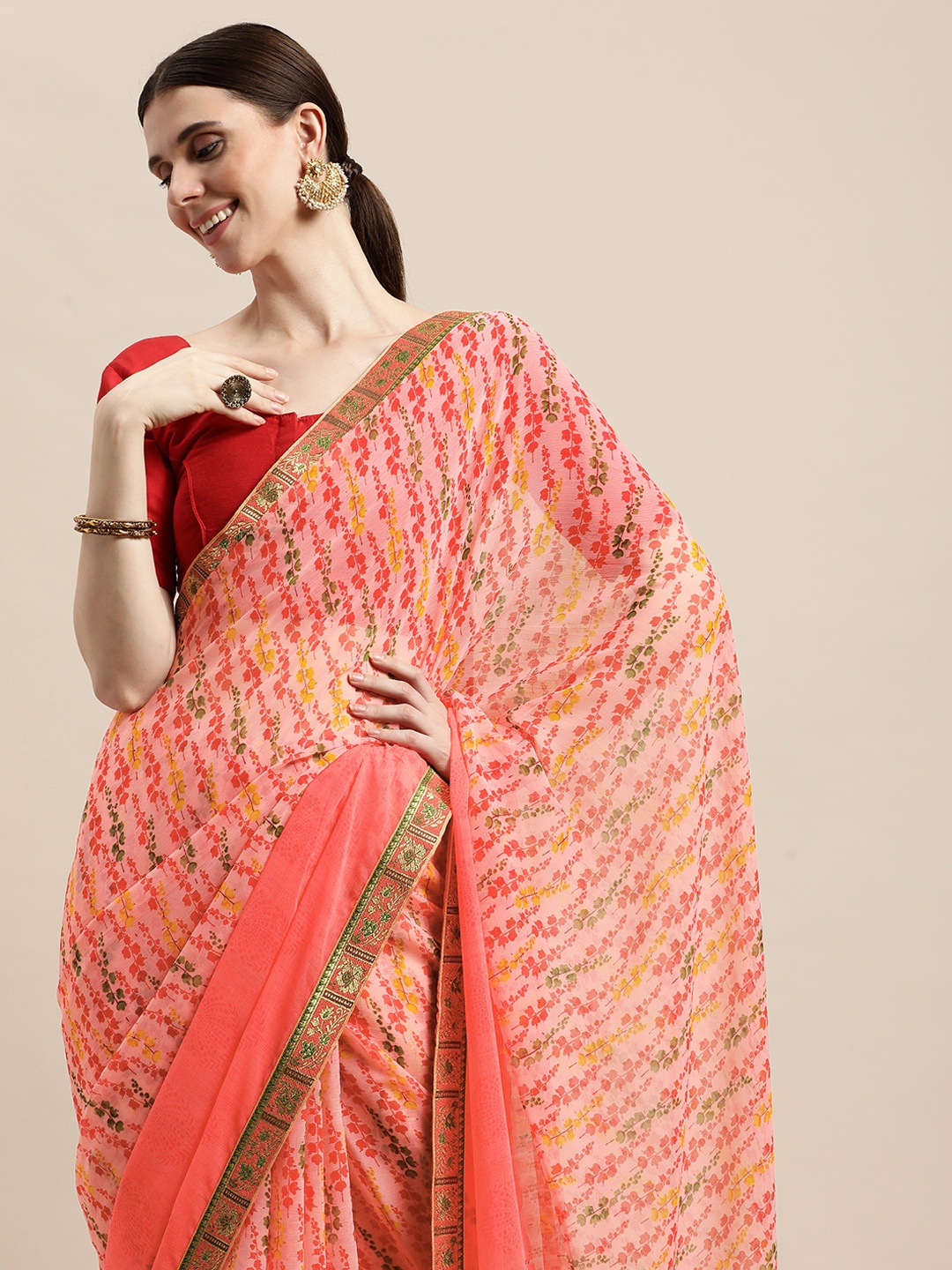 

Triveni Pink & Red Floral Pure Chiffon Saree