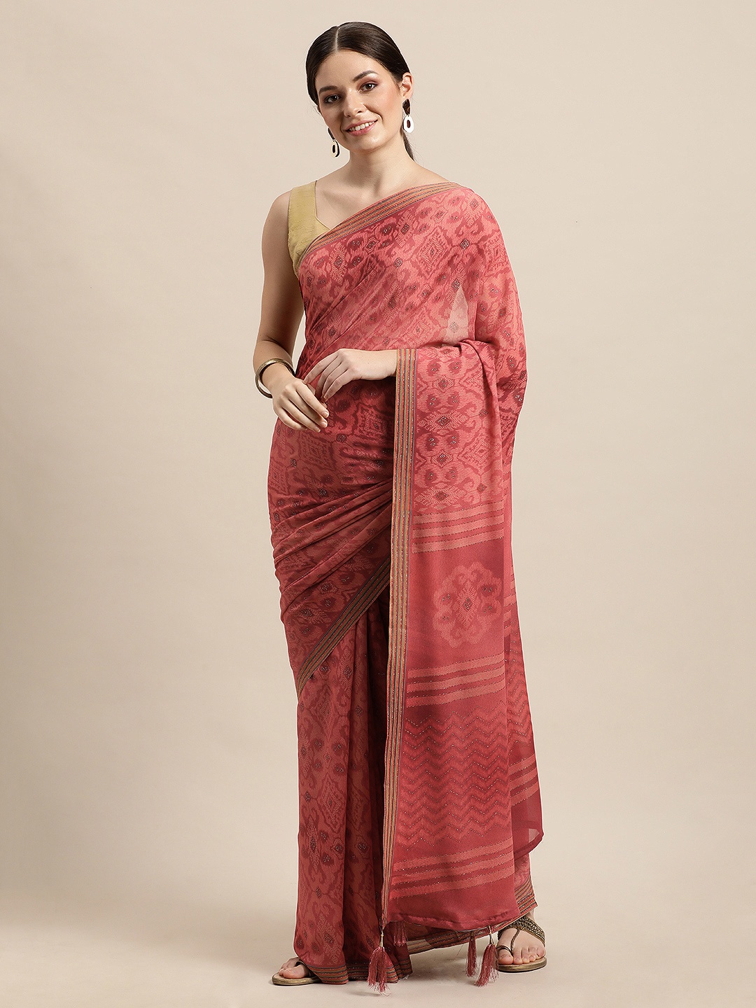

Triveni Pink & Brown Ethnic Motifs Printed Zari Pure Georgette Saree