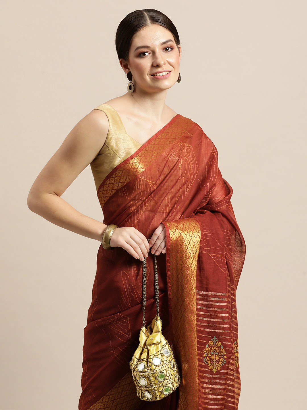 

Triveni Rust Brown & Beige Ethnic Motifs Printed Pure Cotton Saree