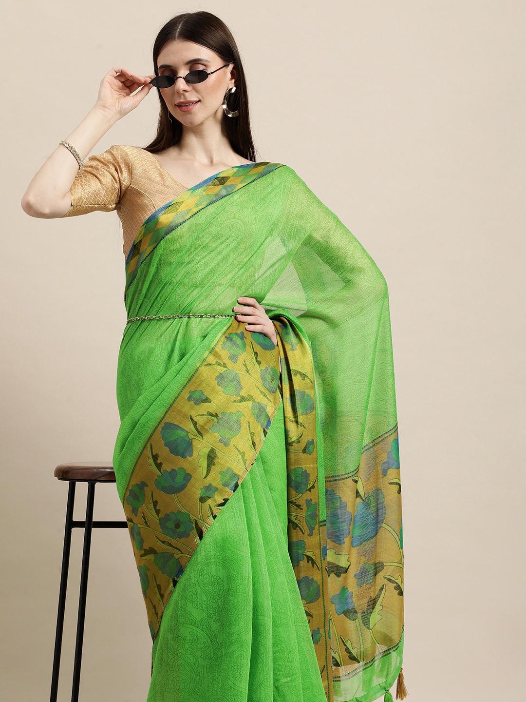 

Triveni Green Paisley Pure Cotton Saree