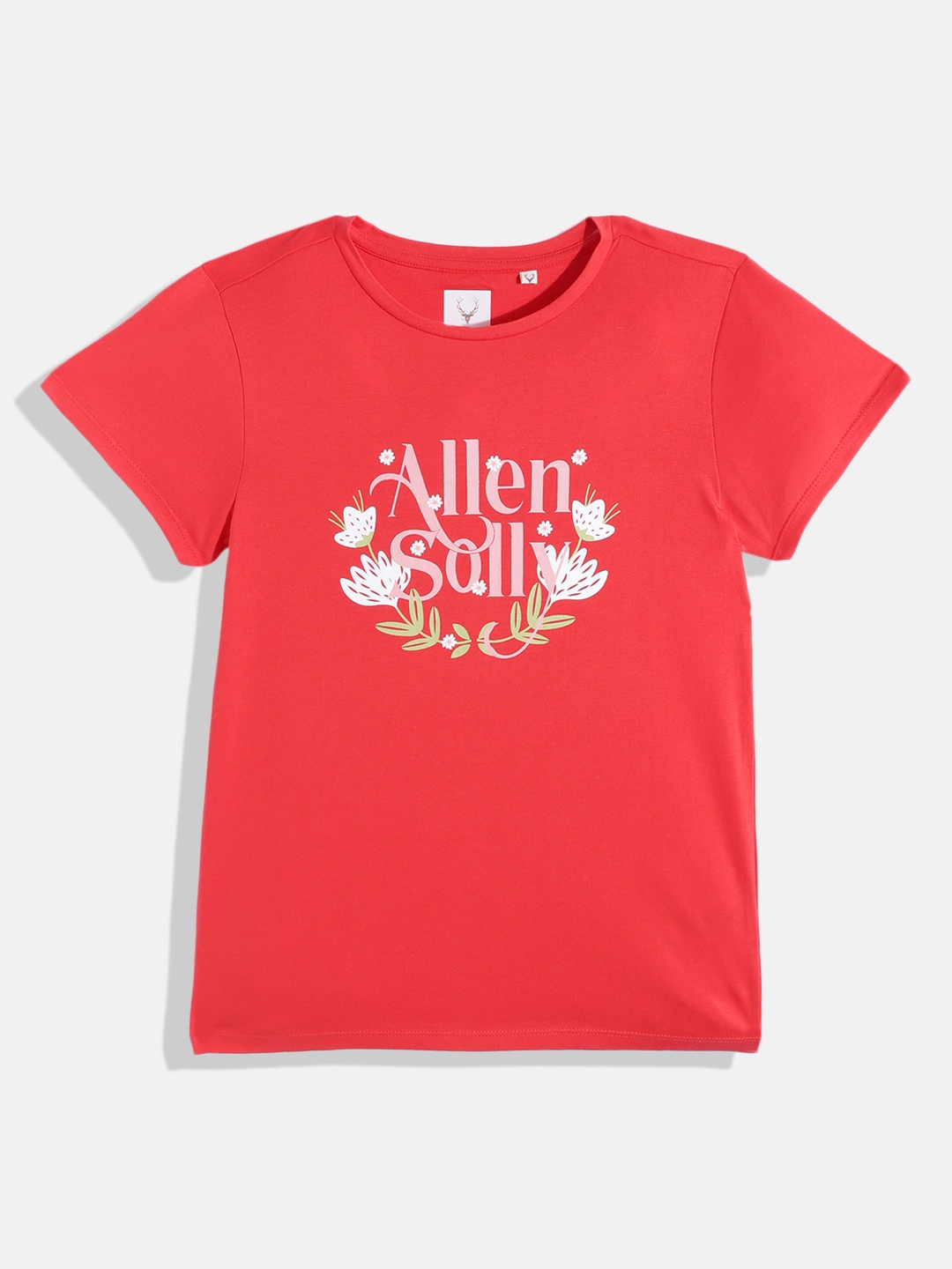 

Allen Solly Junior Girls Red & White Pure Cotton Brand Logo Printed T-shirt