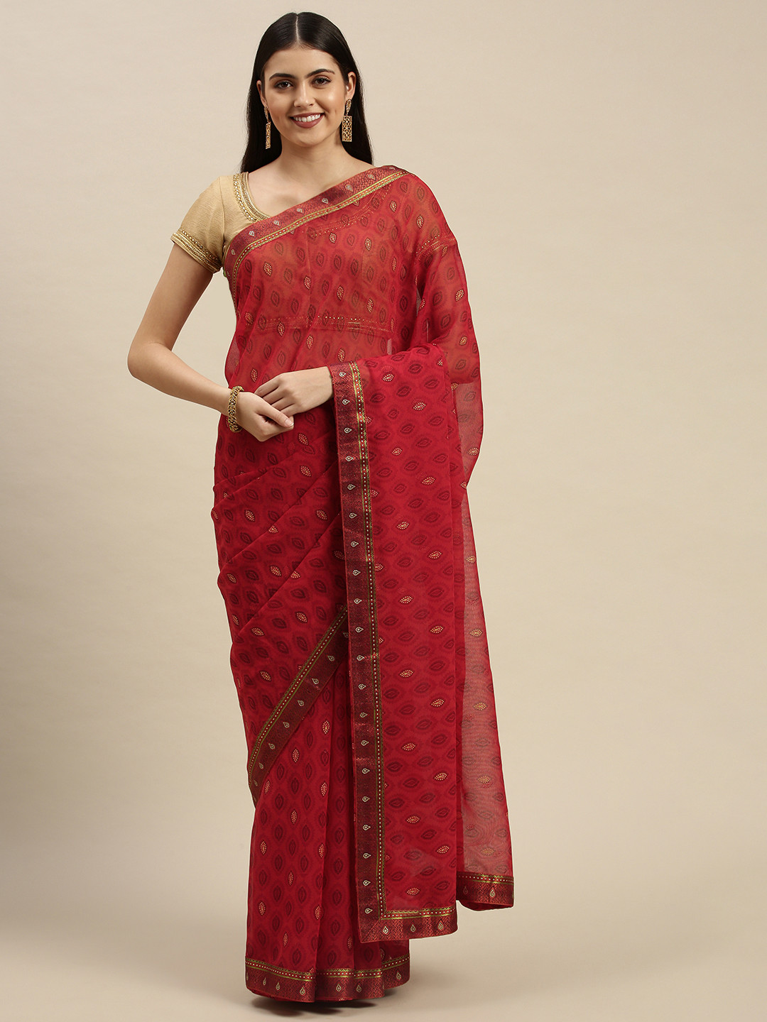

Triveni Red Ethnic Motifs Printed Beads and Stones Embellished Pure Chiffon Saree