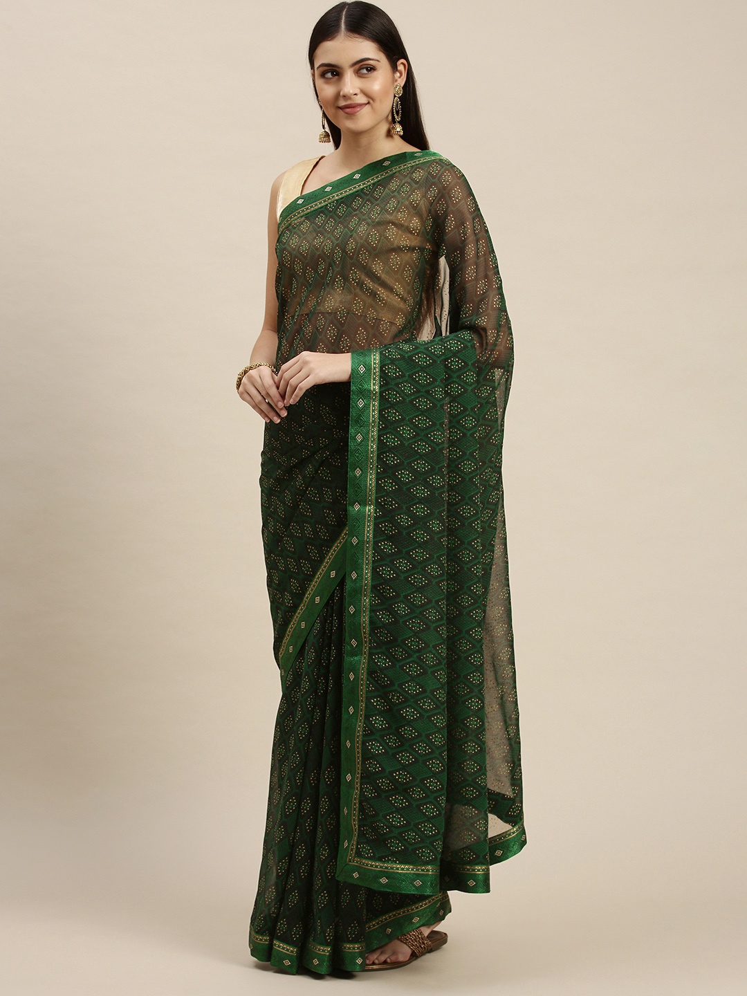 

Triveni Green Embellished Beads and Stones Pure Chiffon Saree