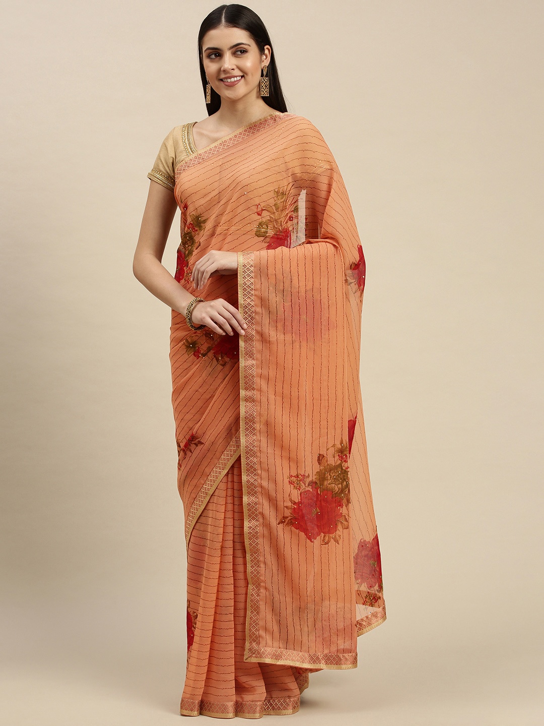 

Triveni Peach-Coloured & Red Floral Printed Silk Blend Chanderi Saree