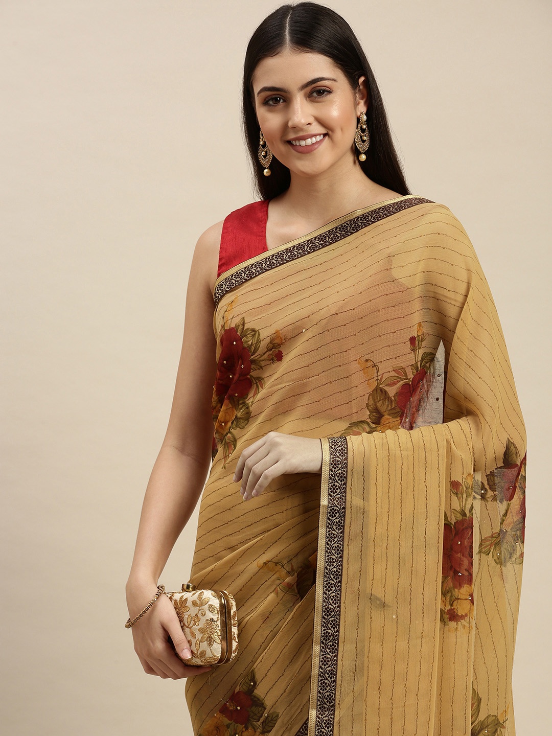 

Triveni Olive Green & Maroon Floral Print Silk Blend Chanderi Saree