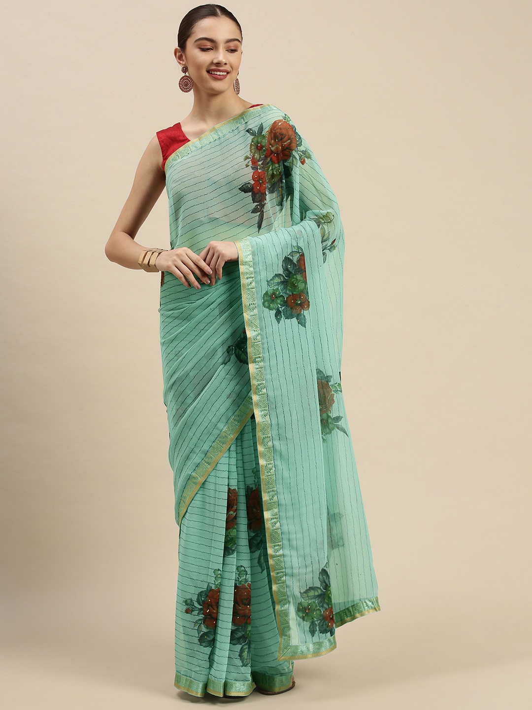 

Triveni Green & Maroon Floral Print Silk Blend Chanderi Saree