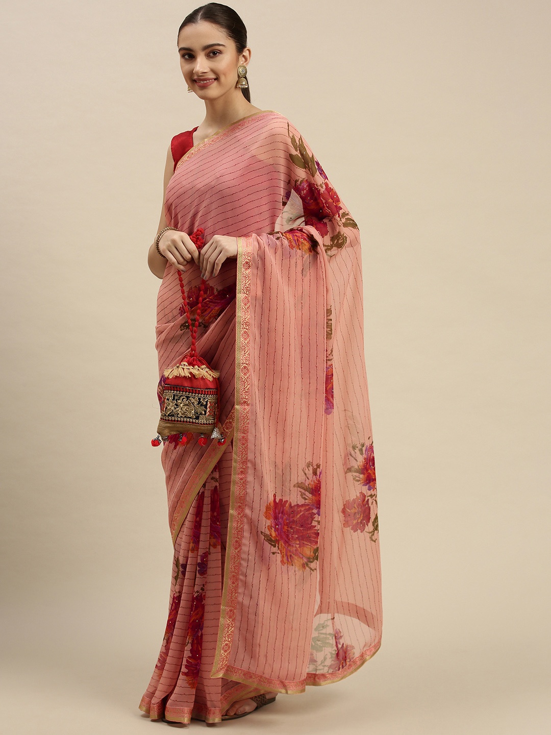 

Triveni Dusty Pink & Red Floral Print Silk Blend Chanderi Saree, Rose