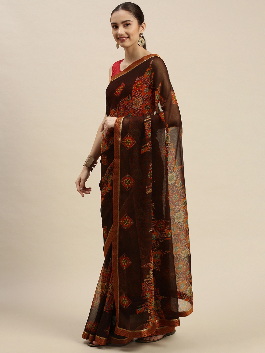 

Triveni Brown & Red Ethnic Motifs Print Pure Chiffon Saree