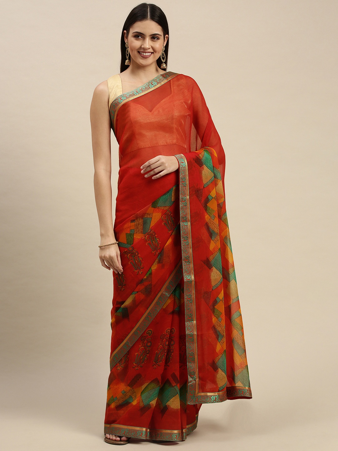 

Triveni Red & Mustard Yellow Printed Pure Chiffon Saree